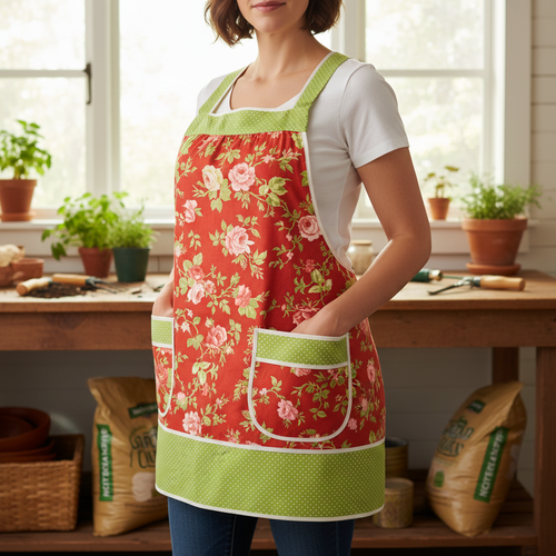 Scarlet & Sage Roses (in SCARLET colorway) Pinafore Apron with no ties, relaxed fit smock with pockets, made to order XS - 5X