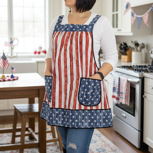 Stars and Stripes Pinafore Apron with no ties, patriotic flag smock apron with pockets made-to-order XS to 5X