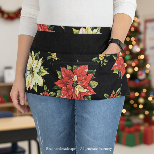 Black Tis the Season Poinsettias Multi-Pocket Apron, Xmas Vendor Apron with money pocket, ready to ship fits waists up to 40"