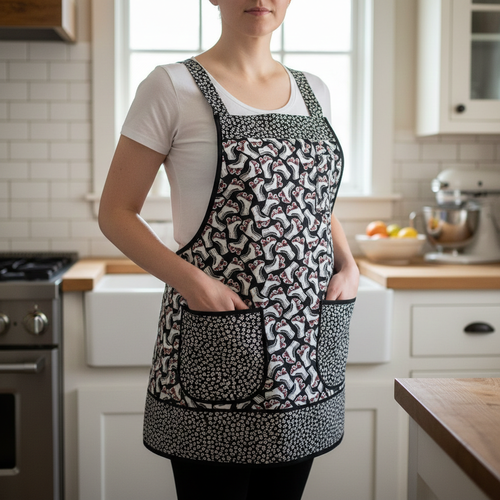 Retro Roller Skates Pinafore Apron with no ties, relaxed fit smock with pockets, fun hostess apron fits L/XL/2X, ready to ship now