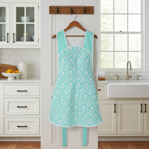 Aqua Petite Damask Retro 50s Smock Apron, relaxed fit "H-back" doesn't touch neck, made to order XS - 4X  w/ pocket options, OOP fabrics
