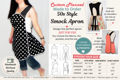 Customized 50s Smock Apron (choose your fabrics) relaxed fit smock w/ pocket options, H-back style (no neck ties) XS - 4X