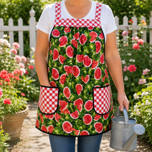 Watermelon Picnic Pinafore with no tie (straps go straight over shoulder) relaxed fit smock with pockets, retro farmhouse apron fits L/XL/2X
