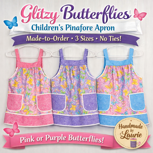Glitzy Butterflies Children's Pinafore with no ties (straps go straight over the shoulders) relaxed fit smock with pockets, choose colors!