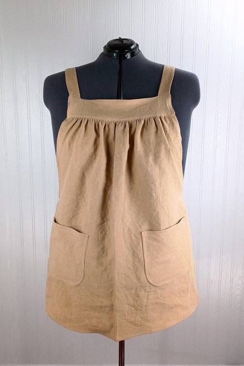 Natural (TAN) Washed Linen Pinafore Apron with no ties, 100% flax linen relaxed fit smock with pockets, handmade after order XS - 5X