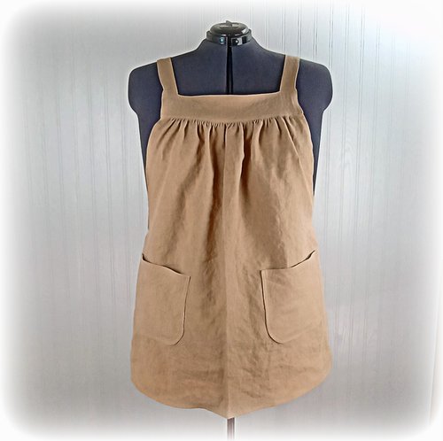 Natural (TAN) Washed Linen Pinafore Apron with no ties, 100% flax linen relaxed fit smock with pockets, handmade after order XS - 5X