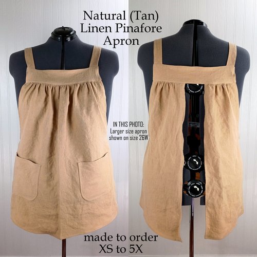 Natural (TAN) Washed Linen Pinafore Apron with no ties, 100% flax linen relaxed fit smock with pockets, handmade after order XS - 5X