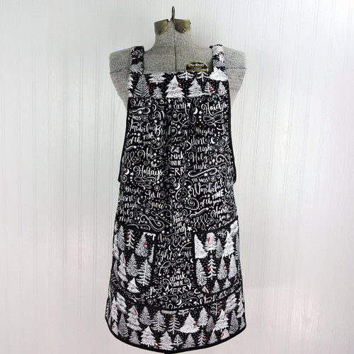 Silent Night Holiday Script Pinafore with no ties, Relaxed Fit Smock with pockets, smallest size fits XS/S/M, Christmas apron ready to ship now