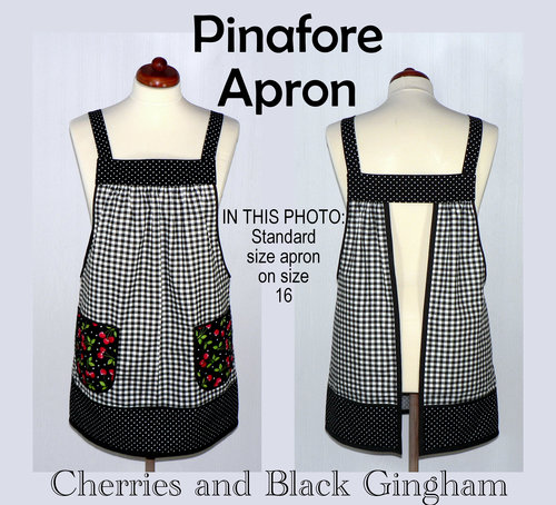 Cherries and Black Gingham Pinafore with no ties (XS to 5X) relaxed fit smock with pockets, retro farmhouse apron