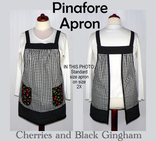 Cherries and Black Gingham Pinafore with no ties (XS to 5X) relaxed fit smock with pockets, retro farmhouse apron