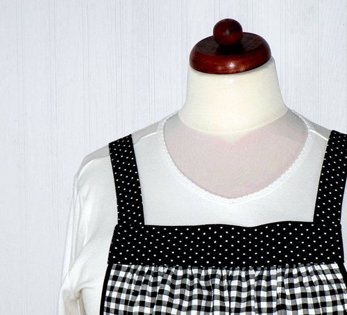 Cherries and Black Gingham Pinafore with no ties (XS to 5X) relaxed fit smock with pockets, retro farmhouse apron