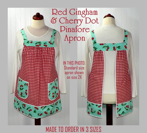 XS to 5X Red Gingham and Aqua Cherry Dot Pinafore with no ties, relaxed fit smock with pockets, retro baking apron