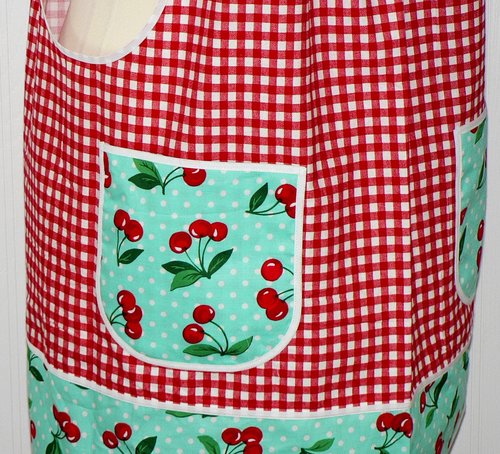 XS to 5X Red Gingham and Aqua Cherry Dot Pinafore with no ties, relaxed fit smock with pockets, retro baking apron