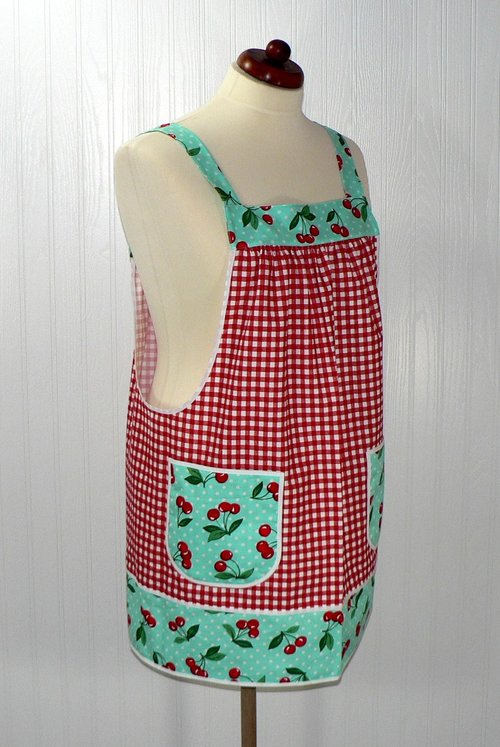 XS to 5X Red Gingham and Aqua Cherry Dot Pinafore with no ties, relaxed fit smock with pockets, retro baking apron