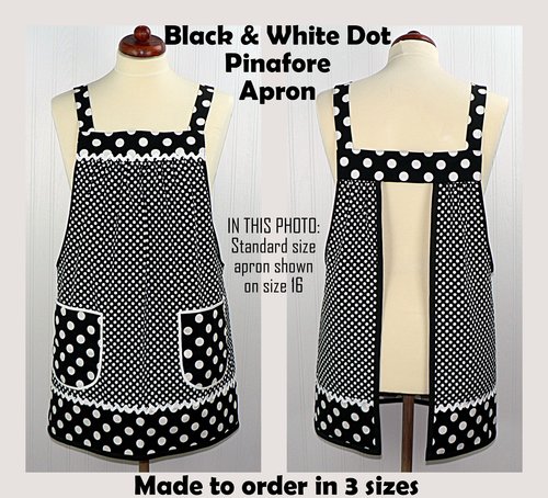 Black and White Dot Pinafore with no ties, relaxed fit smock with pockets, lovely hostess apron made to order XS - 5X