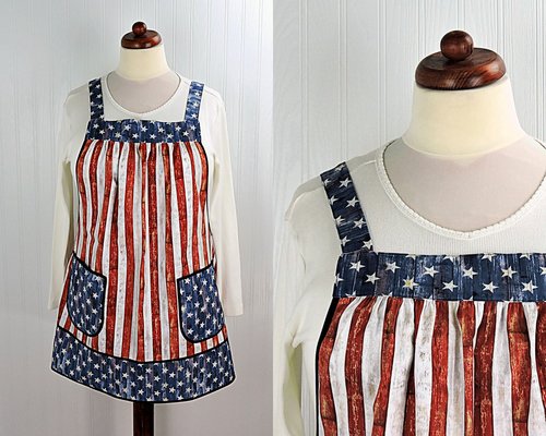 Stars and Stripes Pinafore Apron with no ties, patriotic flag smock apron with pockets made-to-order XS to 5X