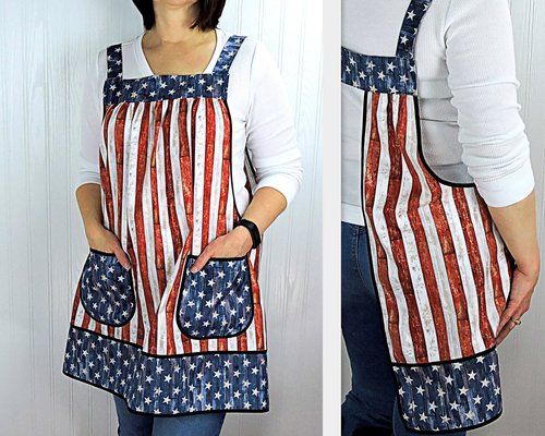 Stars and Stripes Pinafore Apron with no ties, patriotic flag smock apron with pockets made-to-order XS to 5X