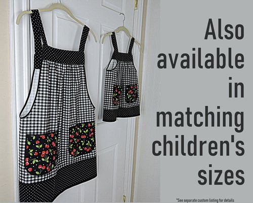 Cherries and Black Gingham Pinafore with no ties (XS to 5X) relaxed fit smock with pockets, retro farmhouse apron