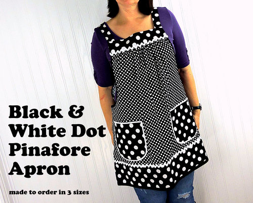 Black and White Dot Pinafore with no ties, relaxed fit smock with pockets, lovely hostess apron made to order XS - 5X