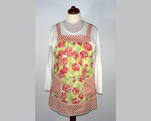 Tumble Roses (in Tangerine) Pinafore with no ties, relaxed fit smock apron with pockets, made-to-order XS - 5X