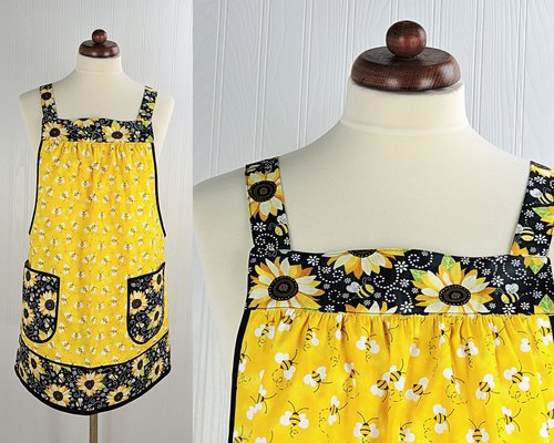 Charming Bees & Sunflowers Pinafore with no ties, relaxed fit smock with pockets, sunny yellow kitchen apron  XS - 5X