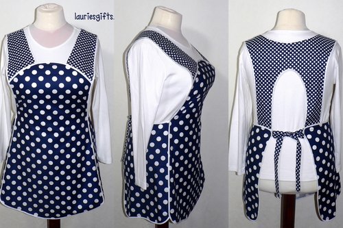 Navy Blue Polka Dot Retro 50s Smock, relaxed fit H-back apron (no ties at neck) XS to 4X made to order w/ pocket options