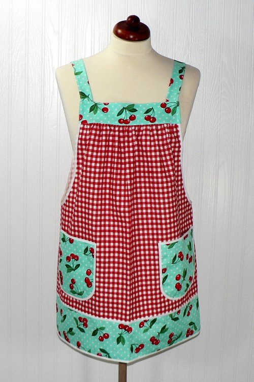 XS to 5X Red Gingham and Aqua Cherry Dot Pinafore with no ties, relaxed fit smock with pockets, retro baking apron