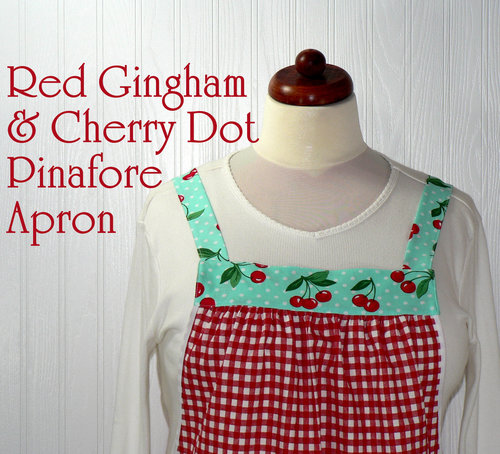 XS to 5X Red Gingham and Aqua Cherry Dot Pinafore with no ties, relaxed fit smock with pockets, retro baking apron