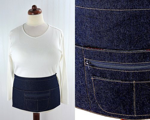Indigo Denim Half Apron, sturdy 6 Pocket Waitress Apron with zipper pocket, ONE apron fits waists up to 40" ready to ship