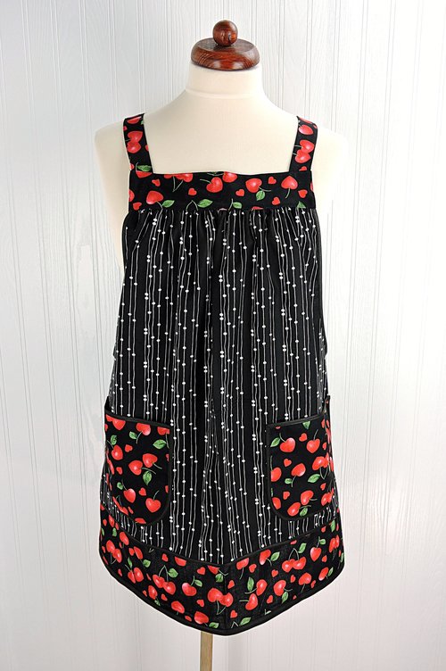 Sweet Cherry Hearts Pinafore Apron with no ties, relaxed fit smock apron with pockets, made to order to fit XS - 5X