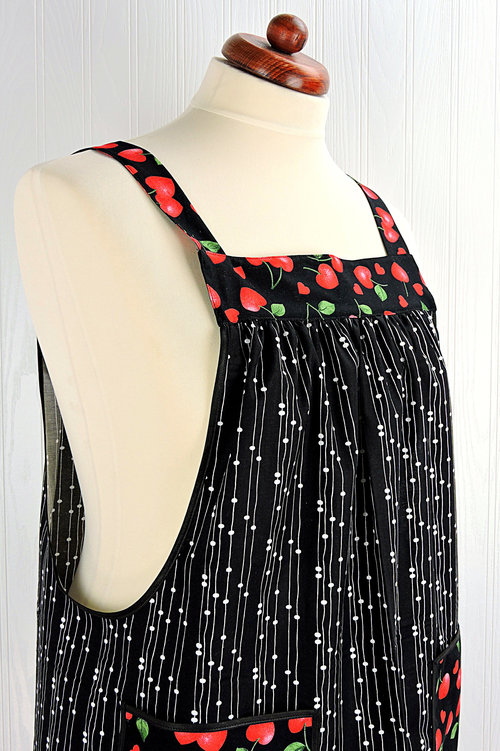 Sweet Cherry Hearts Pinafore Apron with no ties, relaxed fit smock apron with pockets, made to order to fit XS - 5X