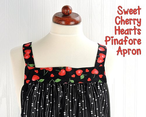 Sweet Cherry Hearts Pinafore Apron with no ties, relaxed fit smock apron with pockets, made to order to fit XS - 5X