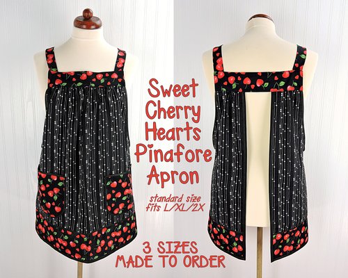 Sweet Cherry Hearts Pinafore Apron with no ties, relaxed fit smock apron with pockets, made to order to fit XS - 5X