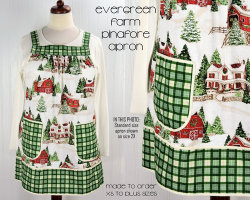 Evergreen Farm Pinafore with no ties, relaxed fit smock with pockets, Snowy Winter Scene Apron, handmade after order