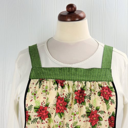 Poinsettias on Cream Pinafore with no ties, XS - 5X relaxed fit smock with pockets, Christmas Floral Apron made to order