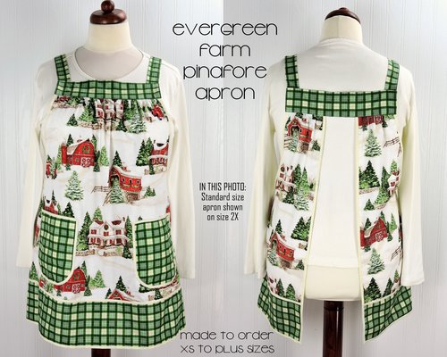 Evergreen Farm Pinafore with no ties, relaxed fit smock with pockets, Snowy Winter Scene Apron, handmade after order