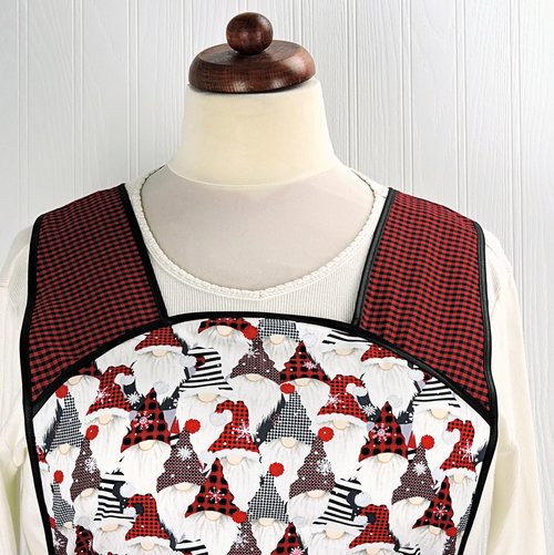 XS-4X Gnome for the Holidays Retro 50s Christmas Smock, black+white+red relaxed fit H-back apron w/ optional pockets