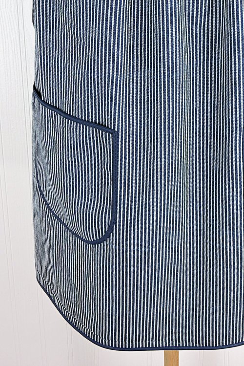 Hickory Stripe Denim Pinafore with no ties, relaxed fit blue jean apron, sturdy artist smock with pockets XS to 5X