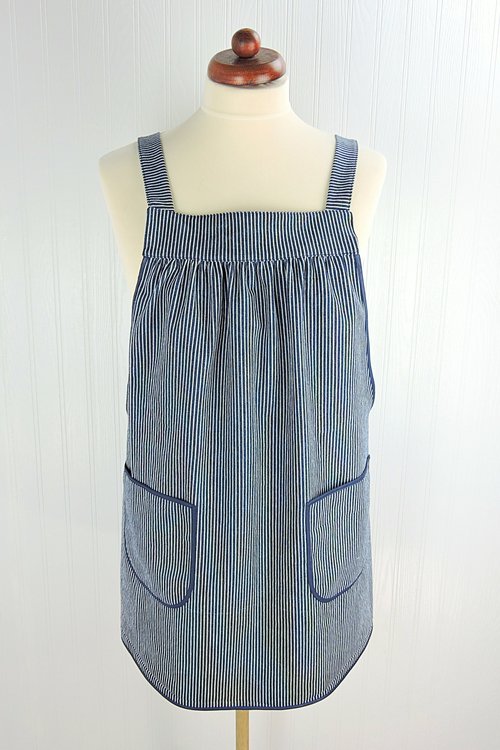 Hickory Stripe Denim Pinafore with no ties, relaxed fit blue jean apron, sturdy artist smock with pockets XS to 5X