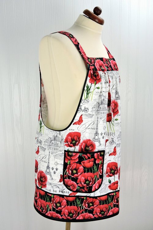 Paris Toile with Poppies Pinafore Apron with no ties (XS- 5X) relaxed fit smock apron with pockets, made after order