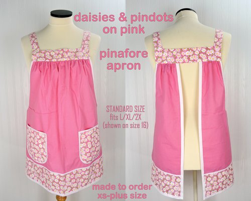 Daisies & Pin Dots on Pink Pinafore Apron with no ties, relaxed fit smock apron with pockets, made to order (XS - 5X)