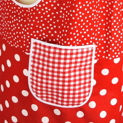 Red & White Scrapbuster Pinafore, relaxed fit smock with pockets, comfortable (doesn't touch neck) made to order XS to 5X plus size