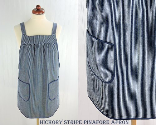 Hickory Stripe Denim Pinafore with no ties, relaxed fit blue jean apron, sturdy artist smock with pockets XS to 5X