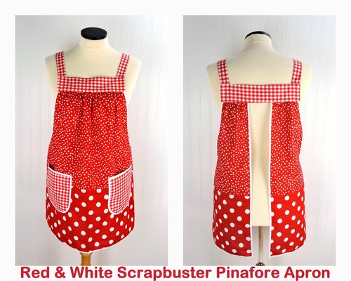 Red & White Scrapbuster Pinafore, relaxed fit smock with pockets, comfortable (doesn't touch neck) made to order XS to 5X plus size
