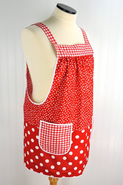 Red & White Scrapbuster Pinafore, relaxed fit smock with pockets, comfortable (doesn't touch neck) made to order XS to 5X plus size