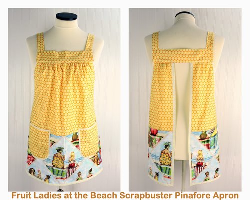 SHIPS FAST~ Fruit Ladies at the Beach Scrapbuster Pinafore, retro smock with pockets, doesn't touch neck, ready to ship fits L/XL/2X