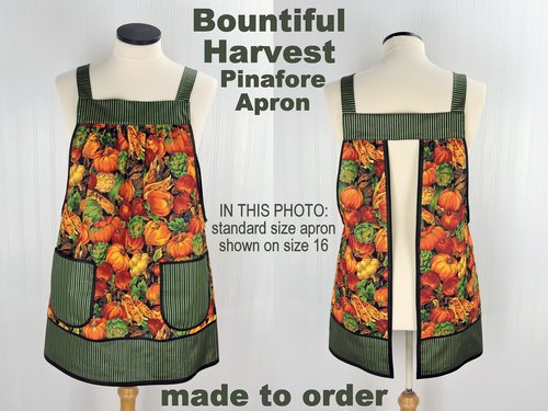 Bountiful Harvest Pinafore Apron with no ties, relaxed fit smock with pockets, fall pumpkins, made to order XS to 5X