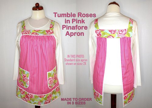 Pink Tumble Roses (with pink stripe) Pinafore with no ties, relaxed fit smock apron with pockets, OOP fabric, made-to-order XS - 5X