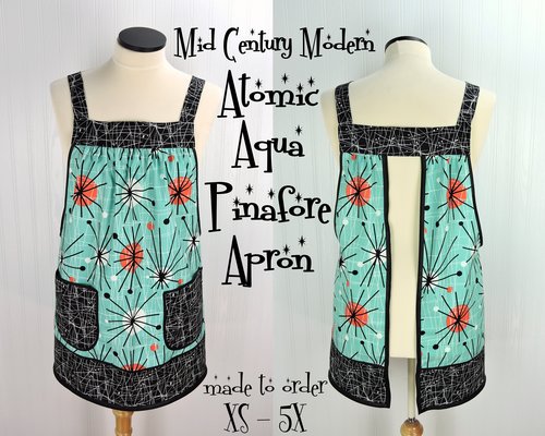 Atomic Aqua Pinafore Apron,  relaxed fit apron with no ties, retro smock with pockets, made-to-order XS - 5X