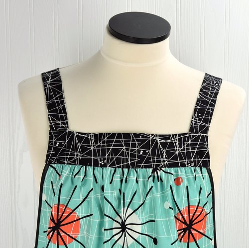 Atomic Aqua Pinafore Apron,  relaxed fit apron with no ties, retro smock with pockets, made-to-order XS - 5X